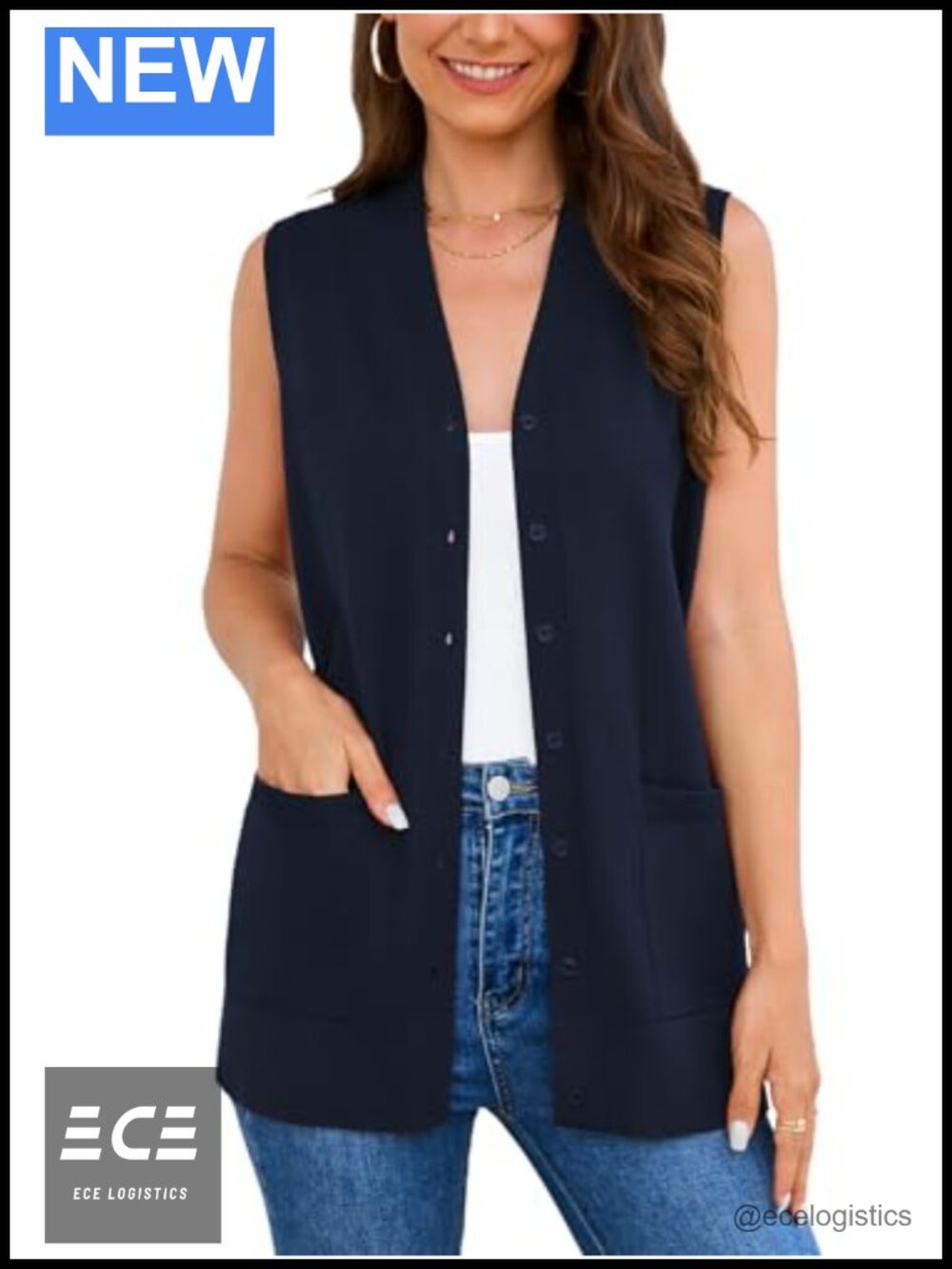 Sleeveless Button Down Cardigan Sweater Vest Soft Knit Office Duster with